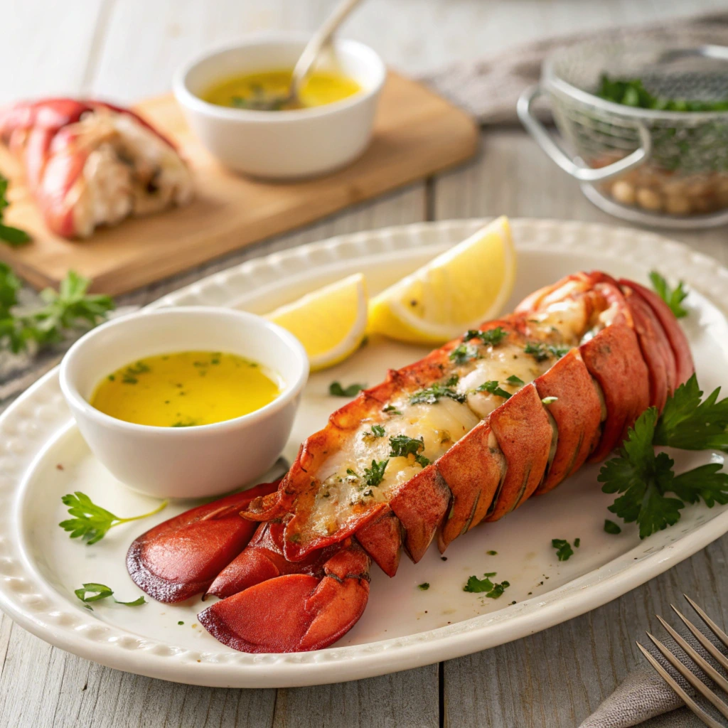 Plated boiled lobster tails with melted butter and garnished with parsley and lemon wedges.