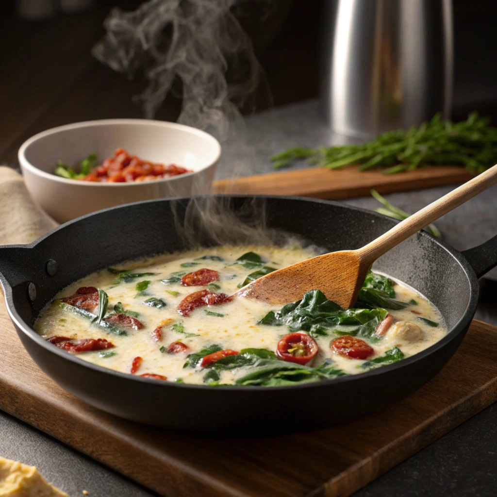 Stirring creamy sauce for Marry Me Chicken with Spinach in a skillet.