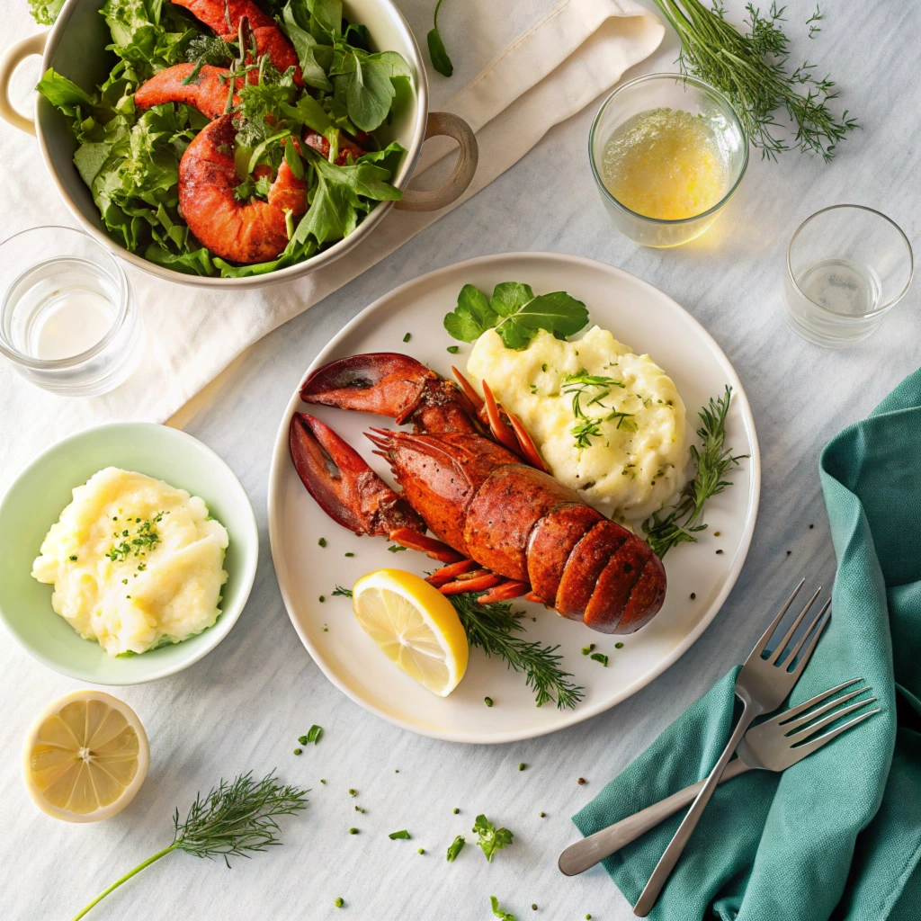 Boiled lobster tails paired with mashed potatoes, crisp salad, and a glass of white wine for a complete seafood meal.