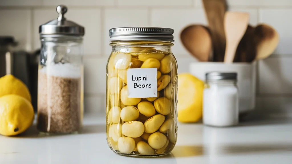 A mason jar filled with lupini beans in brine, sealed with a lid, and labeled with a handwritten date on a white kitchen counter.