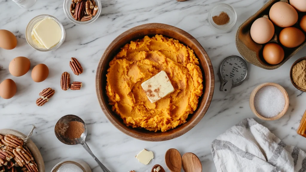 Ingredients for Paula Deen Sweet Potato Casserole , including sweet potatoes, butter, eggs, cinnamon, and pecans.