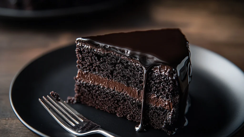 A Decadent Slice of Black Velvet Cake with Chocolate Ganache