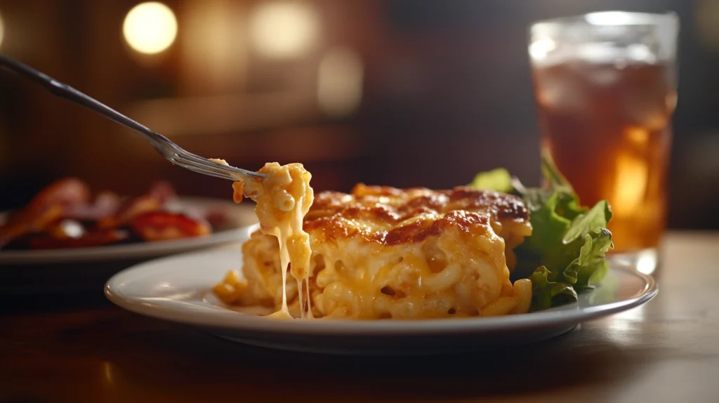 A creamy, cheesy serving of Clarkston Union mac and cheese, with a crispy golden topping, ready to be enjoyed.