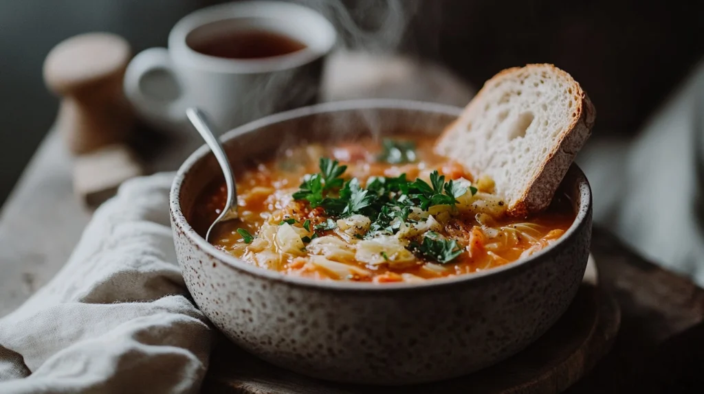 A steaming bowl of cabbage fat-burning soup garnished with fresh herbs, served with whole-grain bread