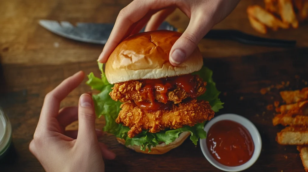 Hands assembling a crispy chicken burger with fresh lettuce and sauce.

