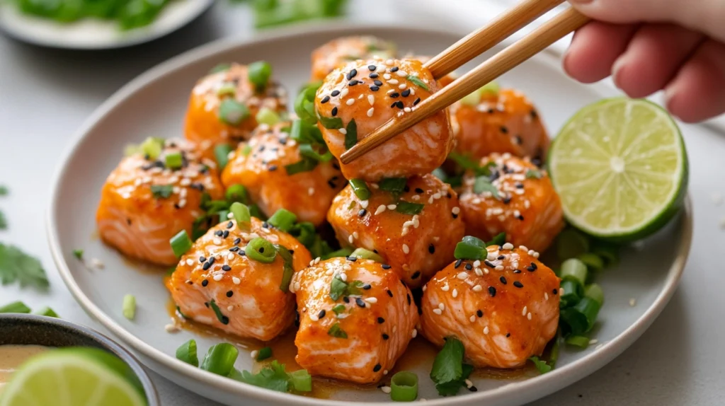 Bang Bang Salmon Bites drizzled with spicy sauce and garnished with sesame seeds and green onions