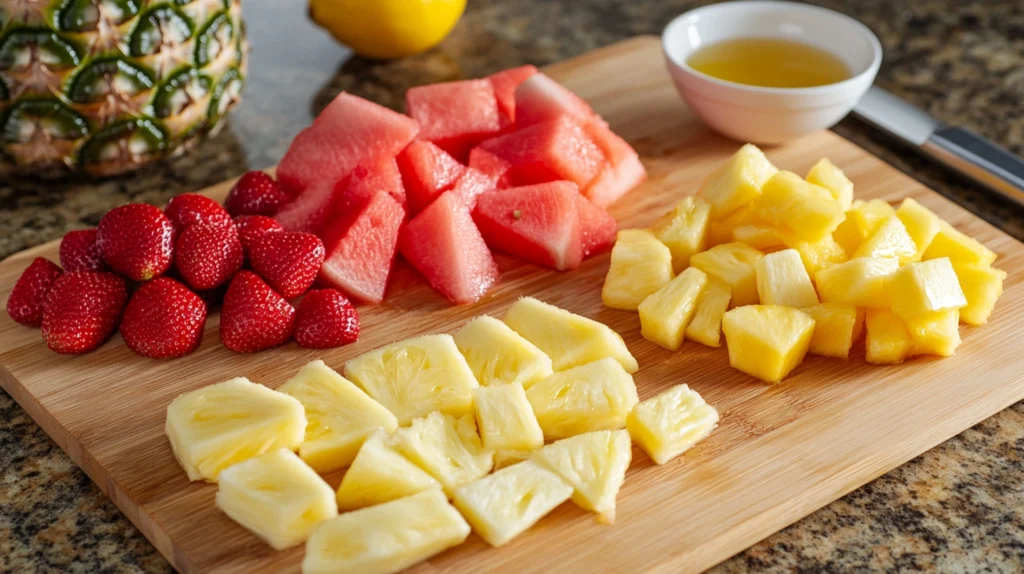 A cutting board with fresh-cut pineapple, watermelon, strawberries, and orange segments, alongside a bowl of lemon juice.