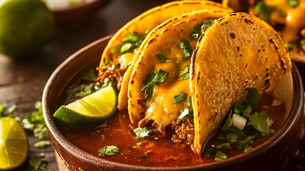 Birria tacos are better dipped in consommé, with cheese pull and crispy golden tortilla