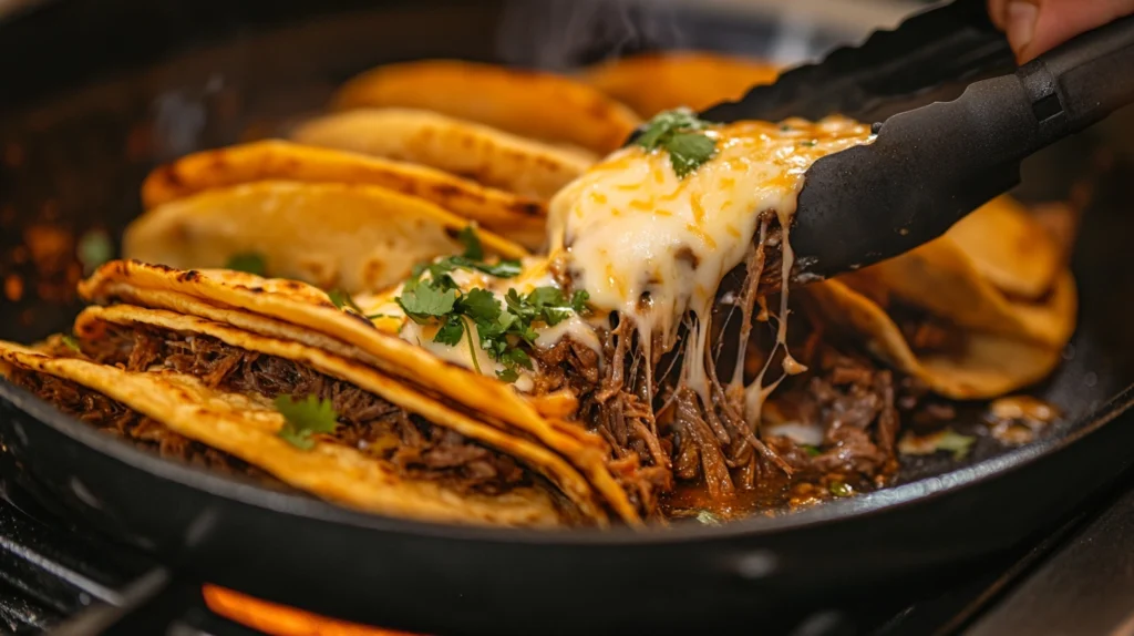 Birria tacos frying in a hot skillet with melted cheese and crispy edges