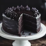 Sliced black velvet cake with dark chocolate ganache, showing its rich, moist texture