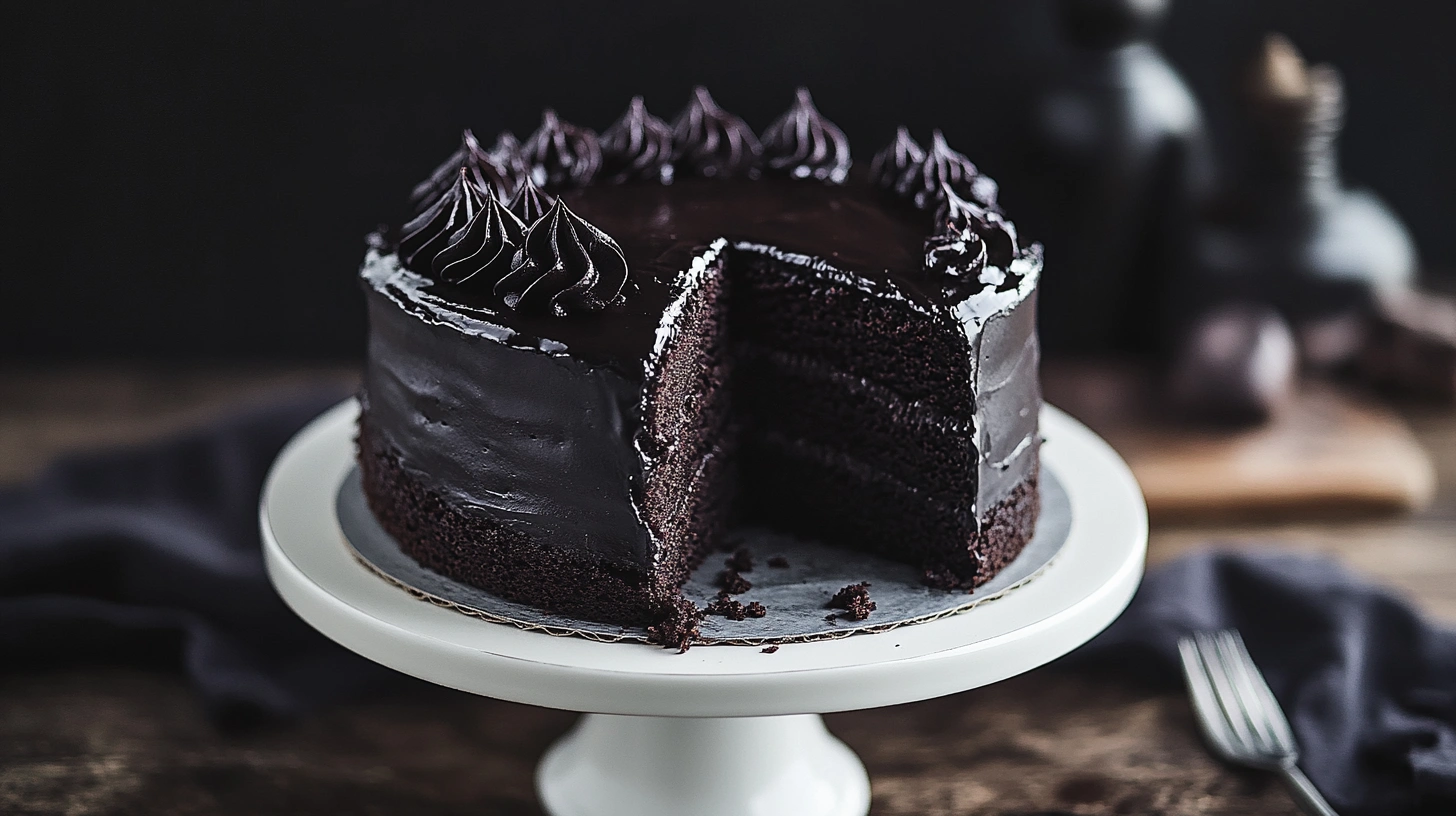 Sliced black velvet cake with dark chocolate ganache, showing its rich, moist texture