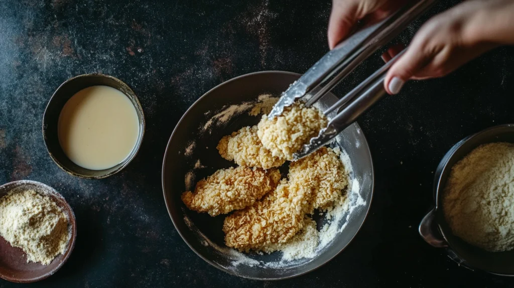 Chicken tenders being coated in buttermilk, flour mixture, and panko breadcrumbs for crispy Bang Bang Chicken.