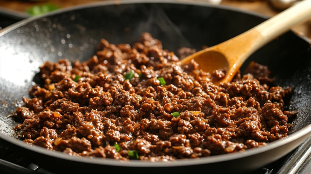 Ground beef sizzling in a wok with garlic and ginger for Mongolian noodles