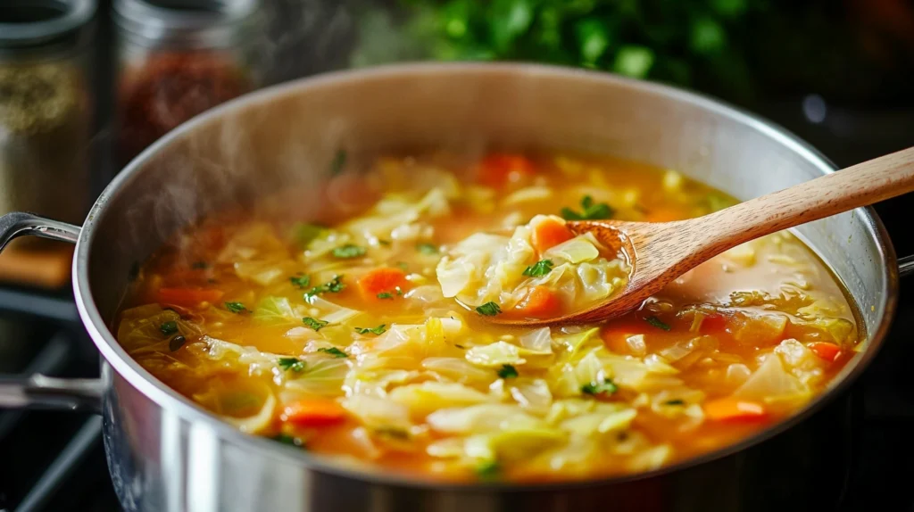 A pot of cabbage fat-burning soup simmering on the stove with fresh vegetables