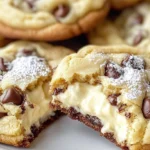 Cheesecake cookies with a creamy center, cracked open to reveal the gooey cheesecake filling.