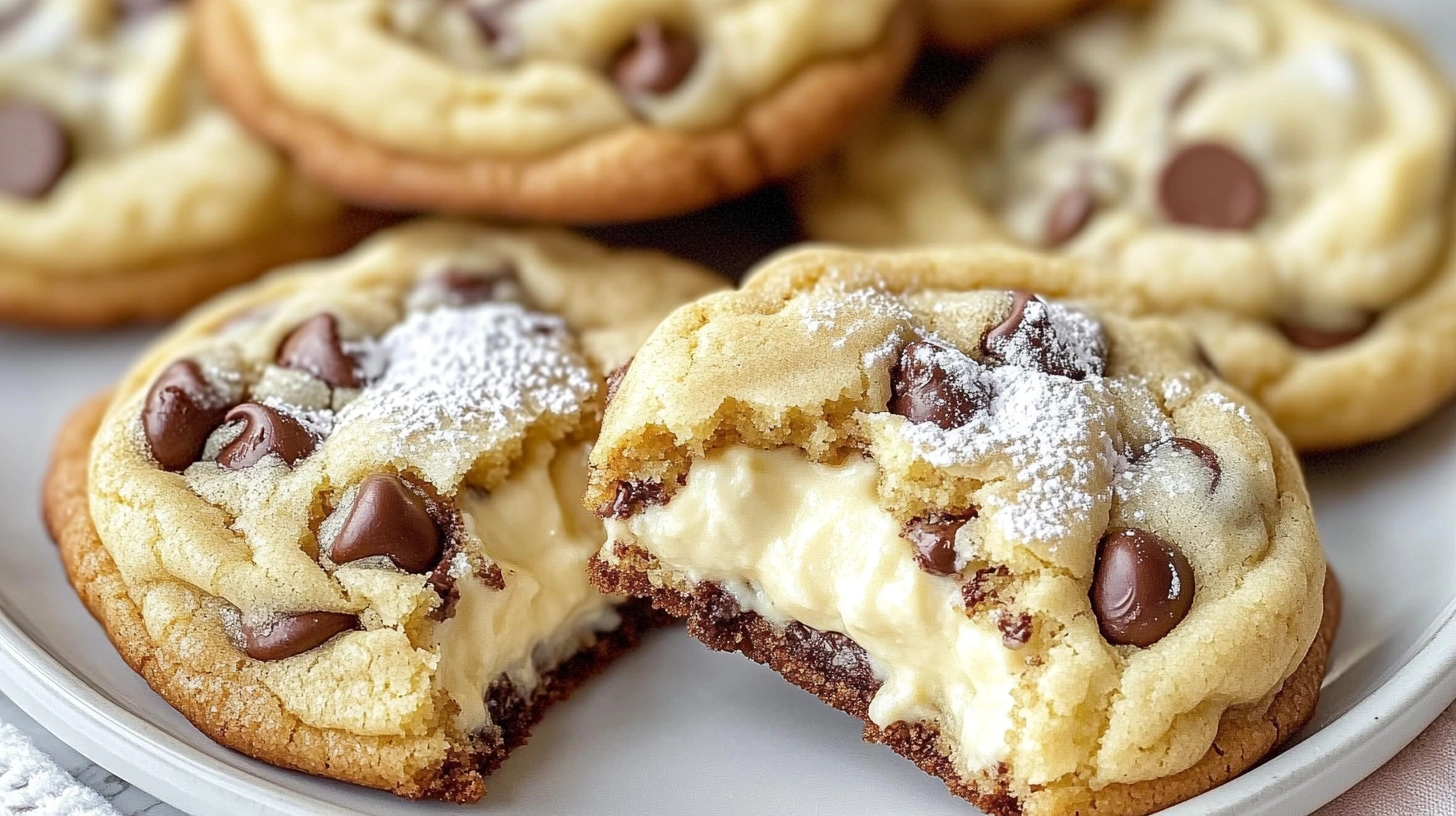 Cheesecake cookies with a creamy center, cracked open to reveal the gooey cheesecake filling.