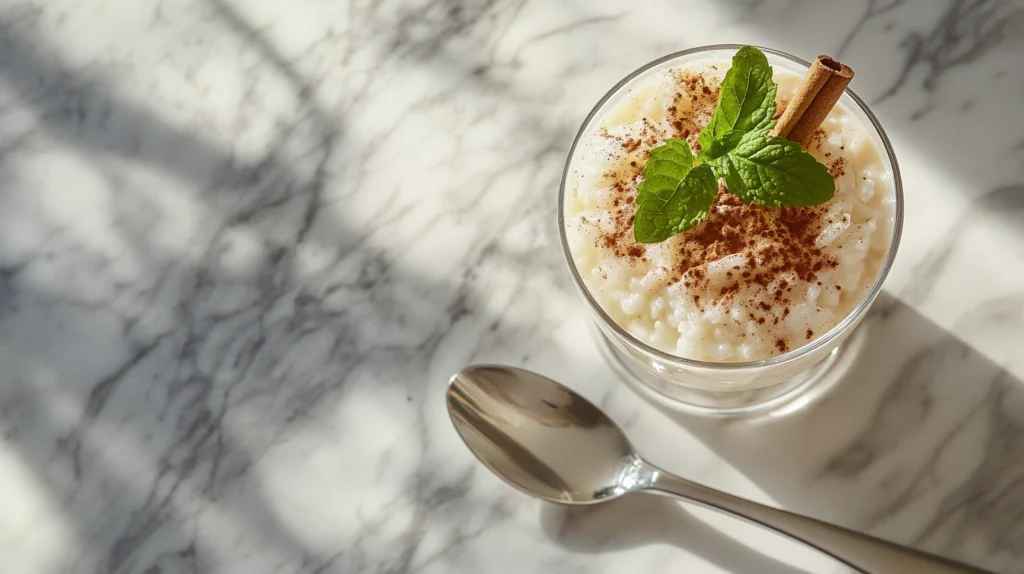 A refreshing glass of chilled Arroz con Leche, dusted with cinnamon and garnished with a fresh mint leaf.