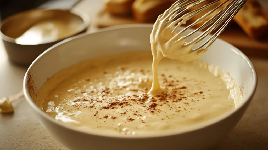 Hawaiian rolls being dipped in a creamy vanilla-cinnamon custard for French toast