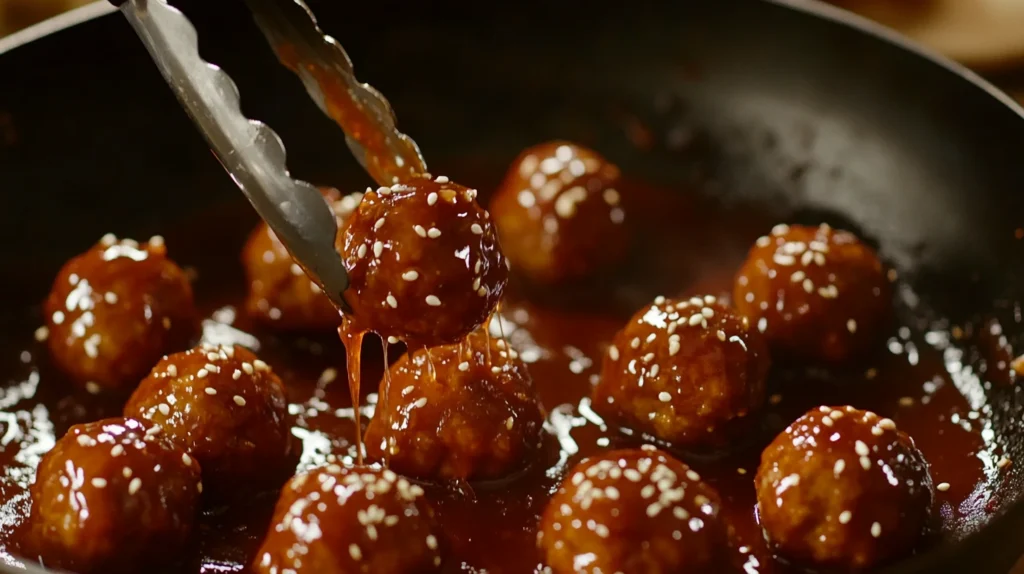 Juicy meatballs being coated in a thick sweet chili glaze in a skillet