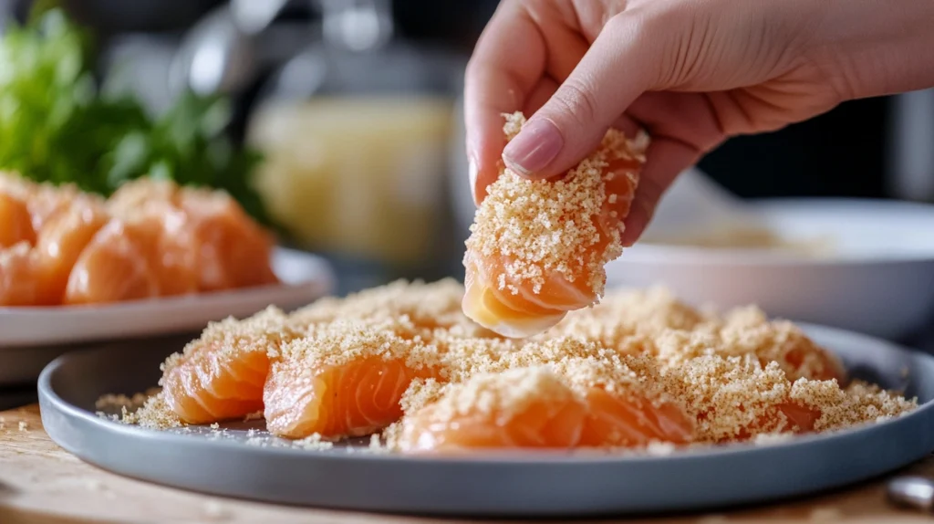 Salmon pieces being coated in panko breadcrumbs for crispy Bang Bang Salmon Bites