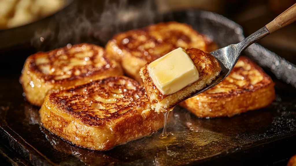 Hawaiian roll French toast sizzling on a buttery griddle, golden and crispy on the edges