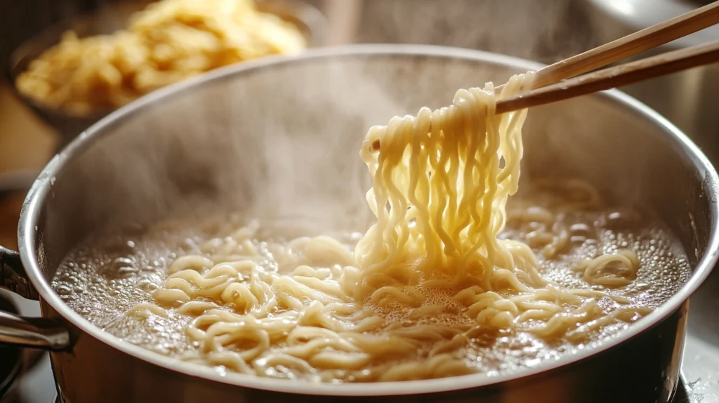 Noodles cooking in boiling water with steam rising and chopsticks separating strands