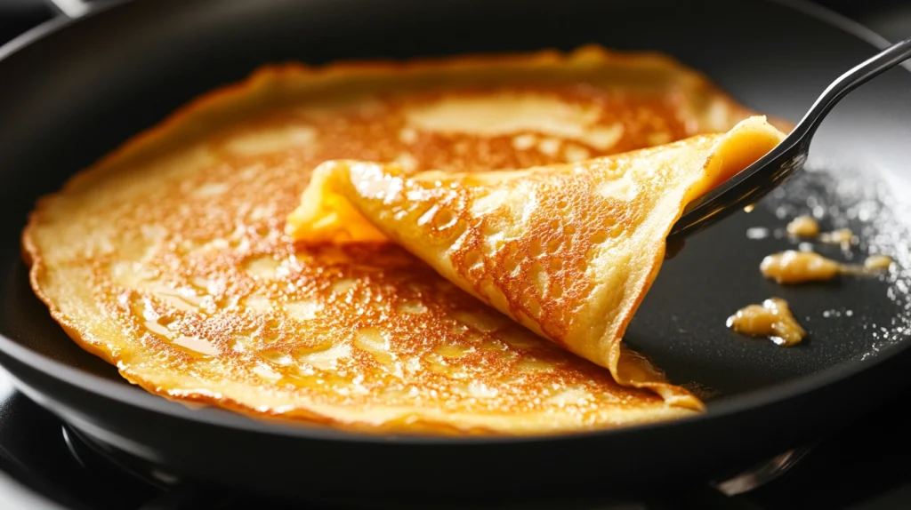 A thin mango pancake cooking in a pan, with a spatula lifting the edge to check doneness