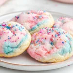 Pastel-colored cotton candy cookies with a soft, chewy texture and colorful swirls of pink and blue