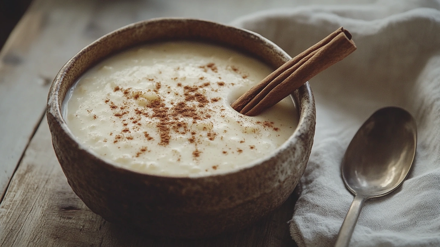 A warm and creamy bowl of Arroz con Leche, garnished with cinnamon, served on a rustic wooden table