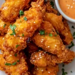 Crispy Bang Bang Chicken tenders drizzled with sweet and spicy sauce, garnished with parsley and sesame seeds.