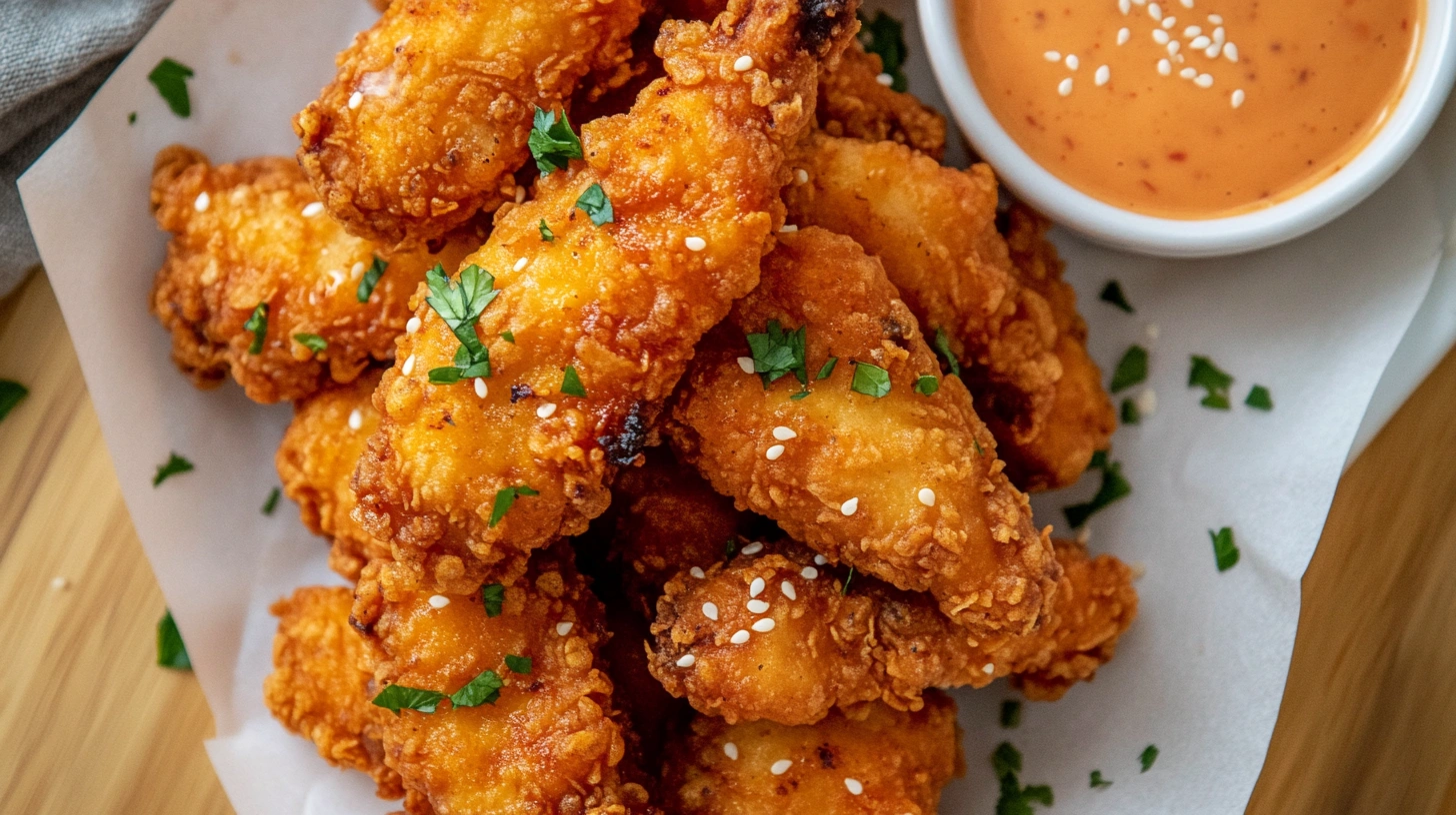 Crispy Bang Bang Chicken tenders drizzled with sweet and spicy sauce, garnished with parsley and sesame seeds.