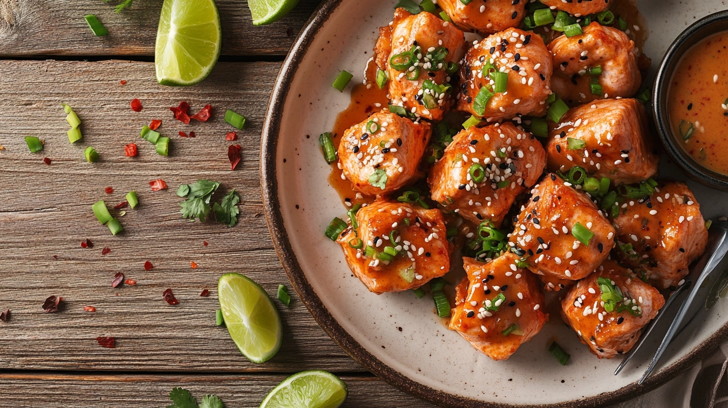 Crispy Bang Bang Salmon Bites drizzled with spicy sauce and garnished with green onions