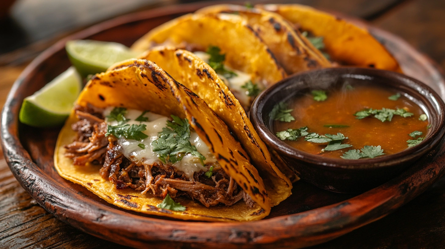 Crispy birria tacos are better filled with juicy beef, served with consommé and lime wedges