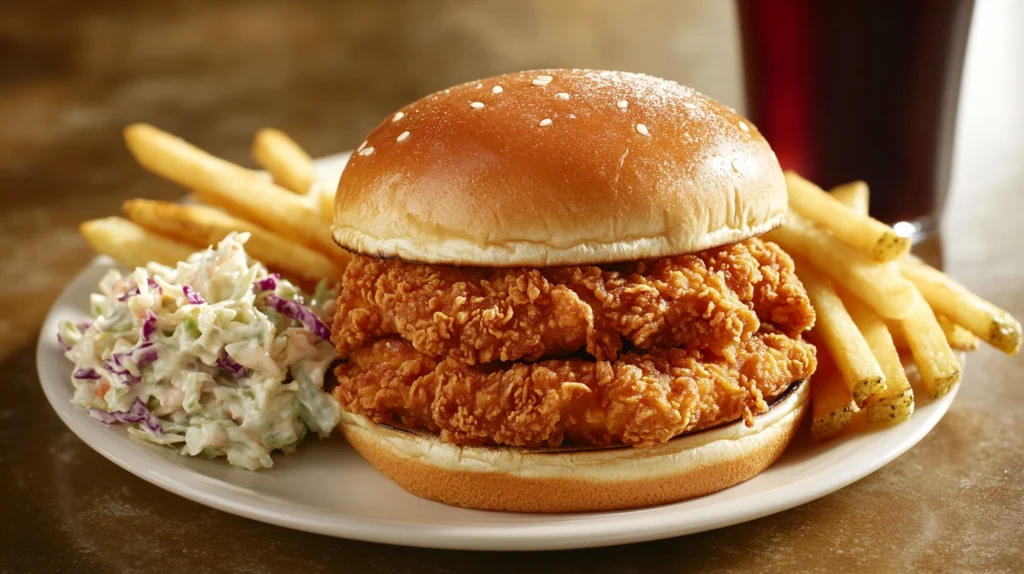 Crispy chicken burger served with fries, coleslaw, and a cold drink.