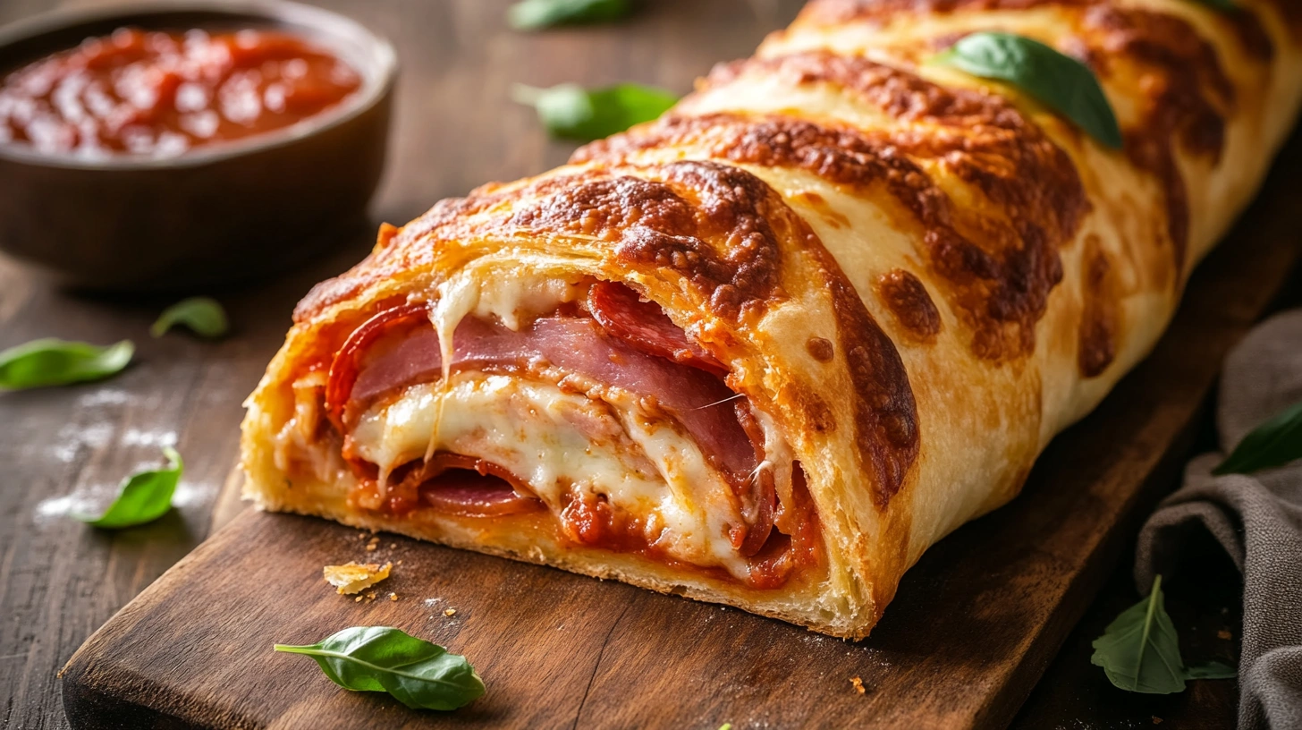 Freshly baked Italian Stromboli with melted cheese and crispy crust