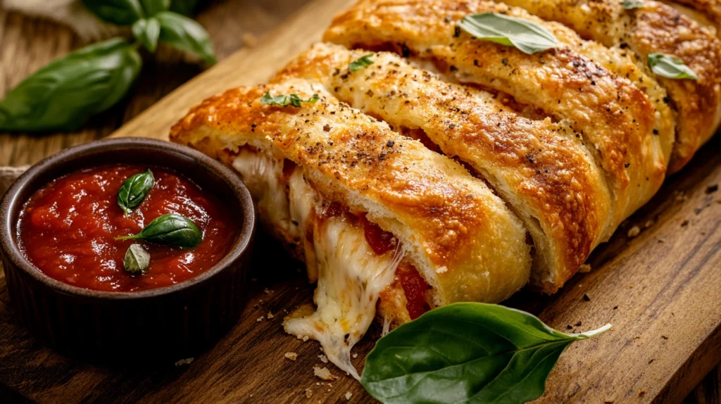 Sliced Italian Stromboli with golden crust and gooey cheese pull