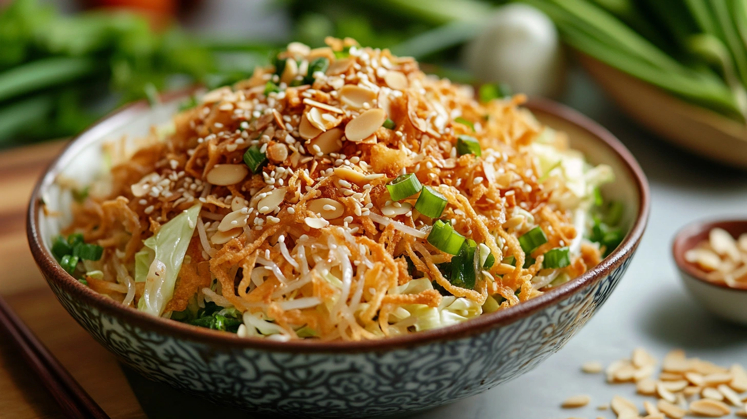 A fresh and colorful wombok salad in a serving bowl, topped with crispy noodles and sesame dressing.