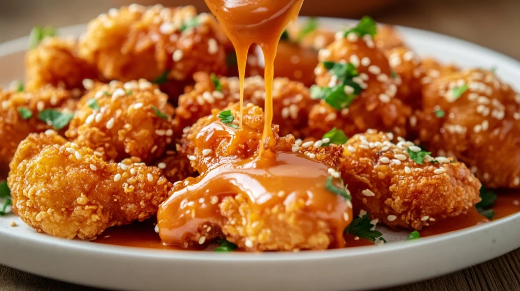 Crispy Bang Bang Chicken drizzled with a creamy, spicy sauce, garnished with sesame seeds and fresh parsley.