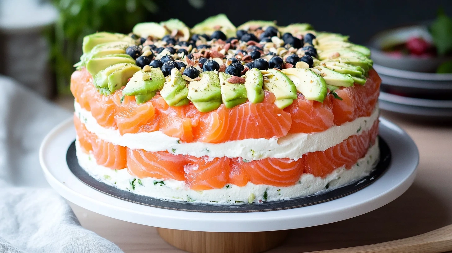 Stunning sushi cake with layers of rice, salmon, avocado, and tobiko, beautifully plated.