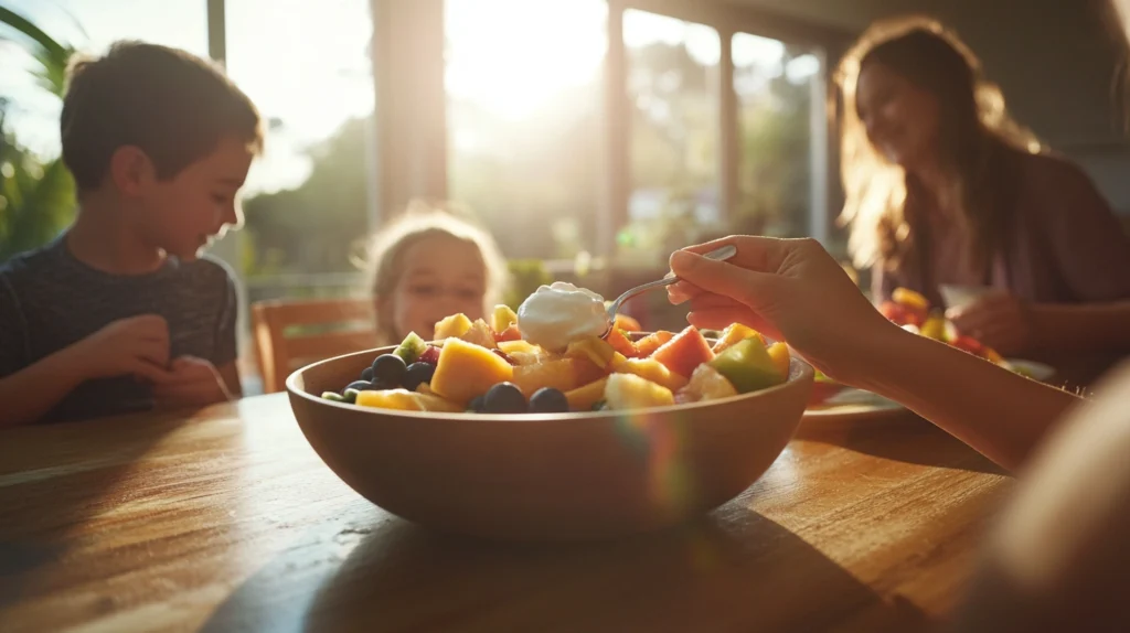 A family enjoying a homemade fruit bowl at breakfast, filled with fresh strawberries, kiwi, pineapple, and yogurt.