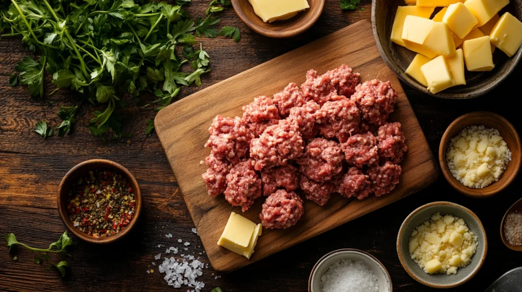 Fresh ingredients for garlic parmesan cheeseburger bombs, including ground beef, cheese, biscuit dough, and seasonings