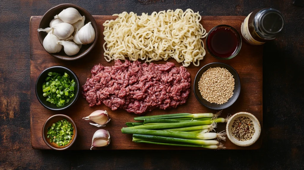 Essential ingredients for Mongolian ground beef noodles, including sauces, garlic, ginger, and uncooked noodles