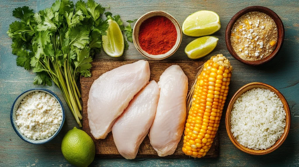 Fresh ingredients for a Street Corn Chicken Rice Bowl, including chicken, corn, rice, and spices