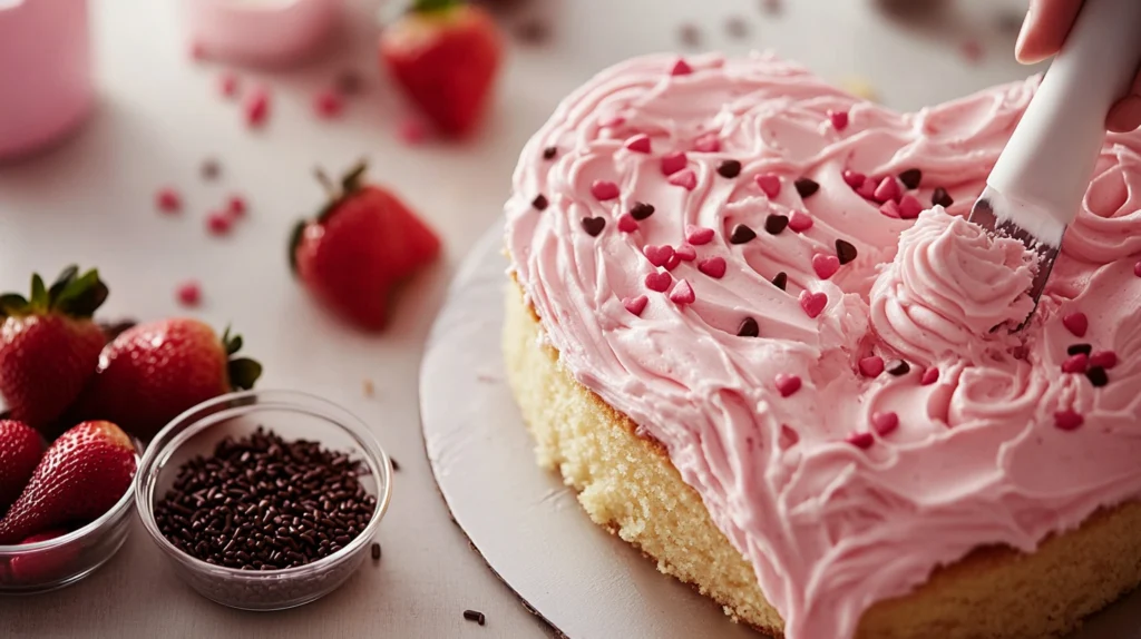 A baker decorating a heart-shaped cake with smooth buttercream frosting.