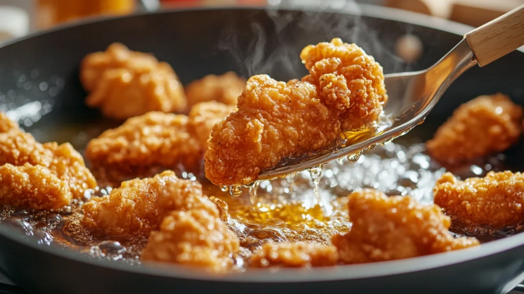 Crispy Bang Bang Chicken tenders frying in hot oil, turning golden brown and crunchy.