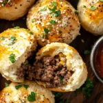 Golden garlic parmesan cheeseburger bombs stuffed with juicy beef and melted cheese