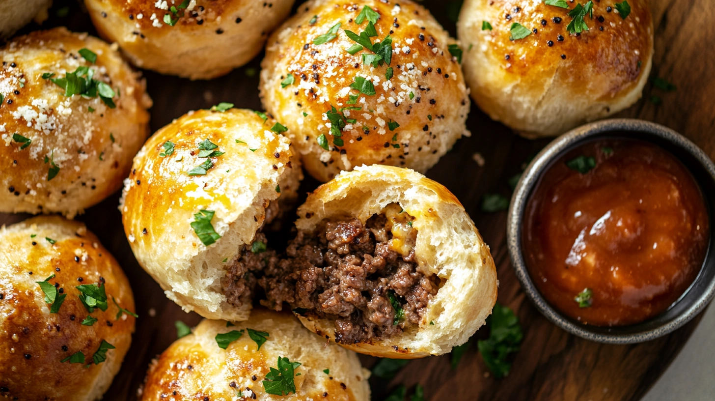 Golden garlic parmesan cheeseburger bombs stuffed with juicy beef and melted cheese