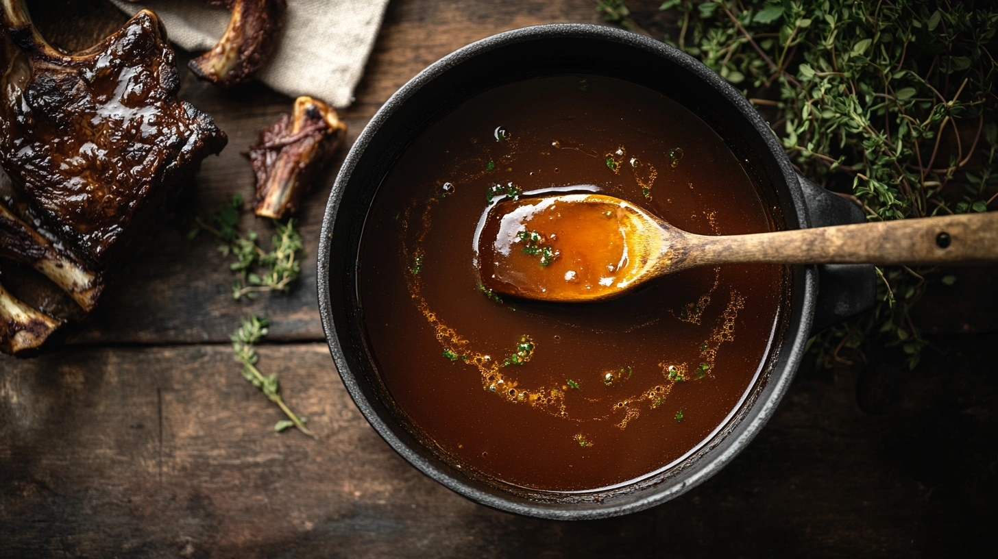 Glossy golden demi-glace swirled in a pot, showcasing its rich texture and deep caramel color.