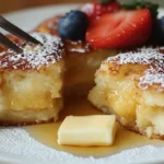 Golden Hawaiian roll French toast topped with powdered sugar, fresh berries, and maple syrup