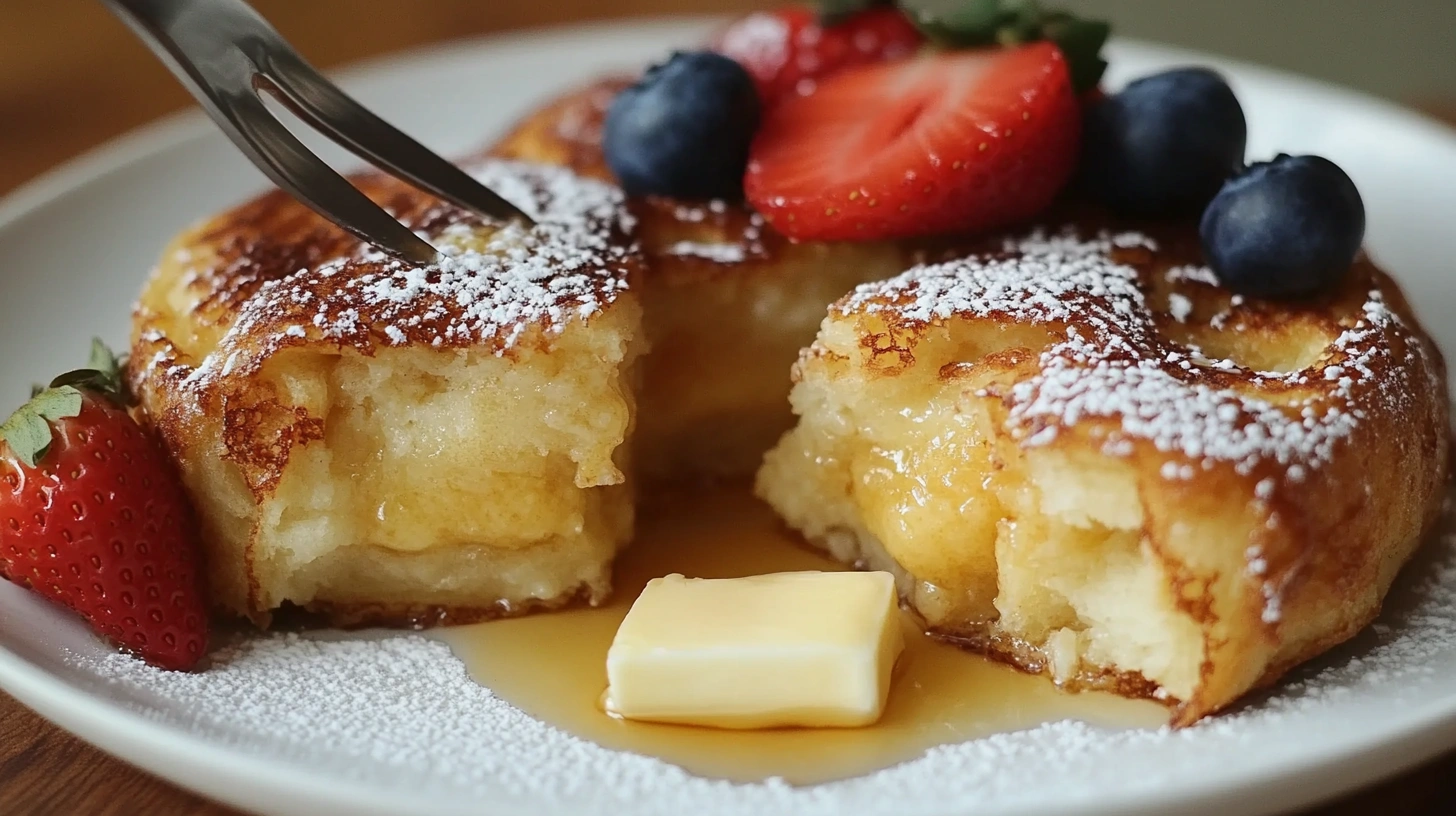 Golden Hawaiian roll French toast topped with powdered sugar, fresh berries, and maple syrup